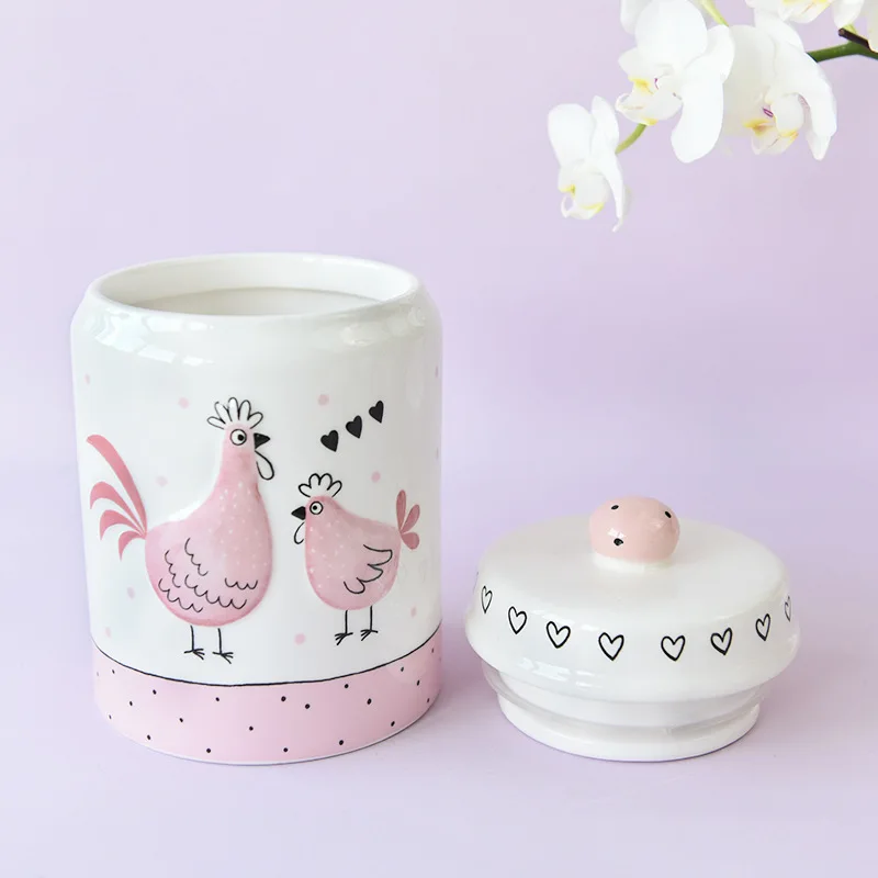 High quality elegant pink gold-plated embossed chicken cute sealed cans storage cans biscuits tea large medium and small ceramic