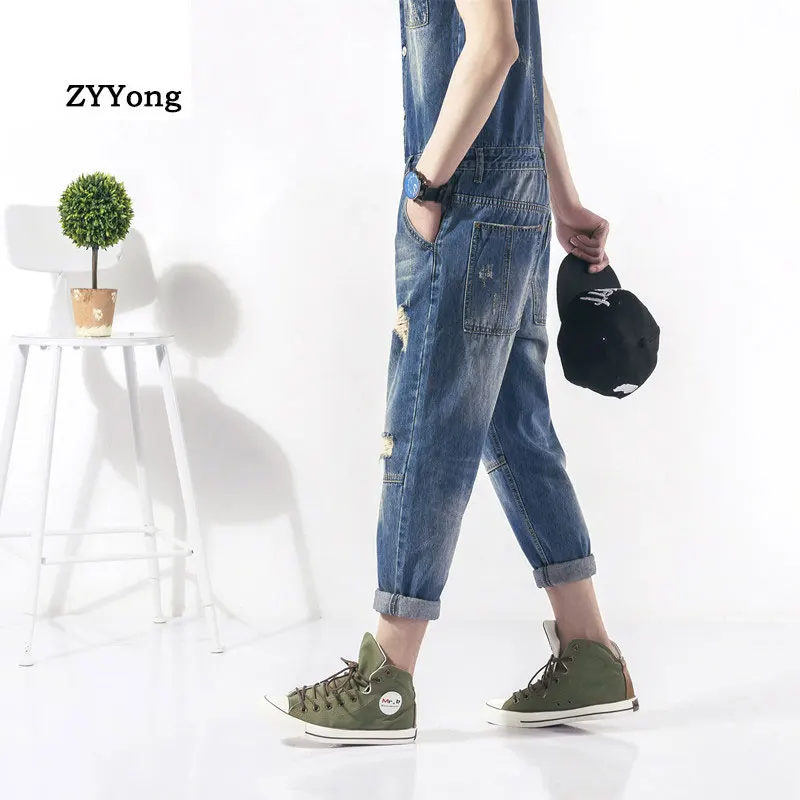 Summer Men Hole Denim Jumpsuit Overalls Short-Sleeved Casual Comfortable Hip-Hop Ripped Jeans Cargo Pants Streetwear Trousers