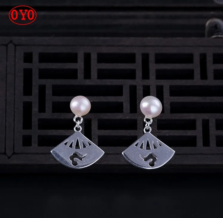 

925 silver pearl fan-shaped retro style palace simple earrings