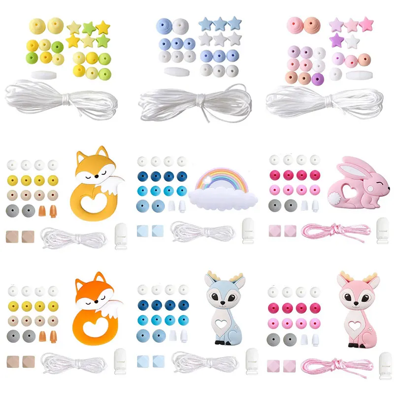 Let\'s Make 1Set DIY Baby Silicone Beads Rainbow Teether Rodent Wooden Pendant DIY Necklace Infants Tooth For Children\'s Product