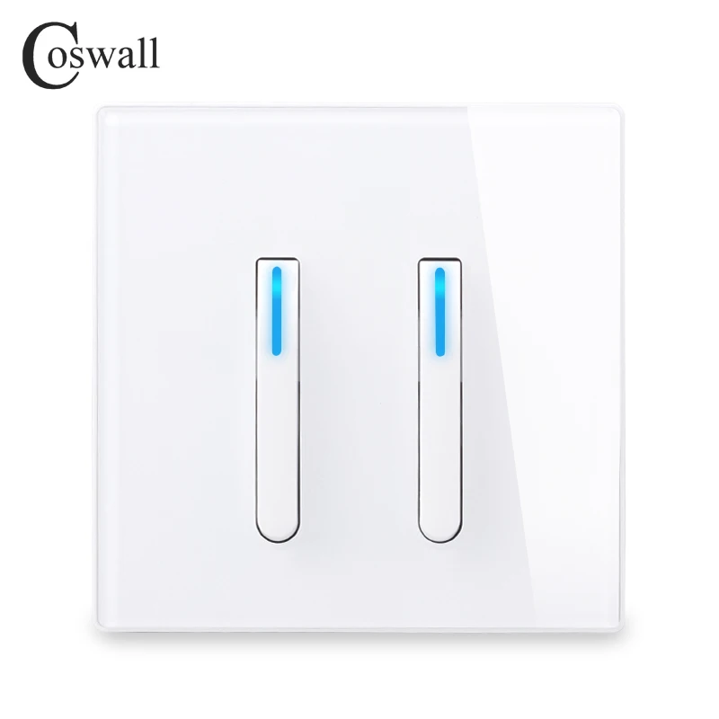 COSWALL 1/2/3/4 Gang 1/2 Way Piano Key Design On / Off Wall Light Switch Backlight Data CAT6 HDMI USB Charging Glass Panel White