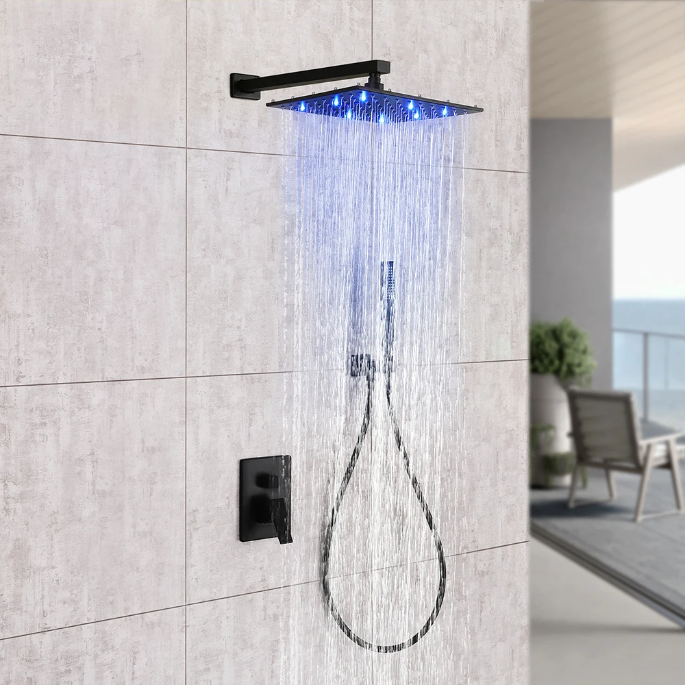 

SKOWLL Rain Shower Wall Mount Bathroom 3 Color LED Shower Head Set with Handle, Matte Black HG-8231