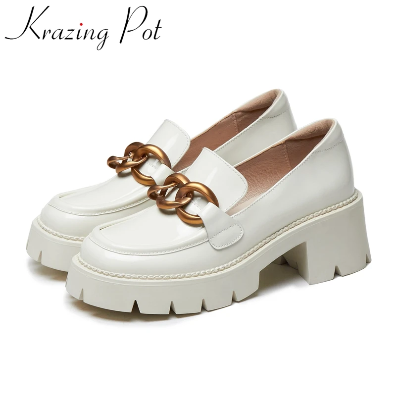 

Krazing Pot size 40 cow leather metal chain platform casual shoes spring loafers white sneaker solid concise brand women pumps