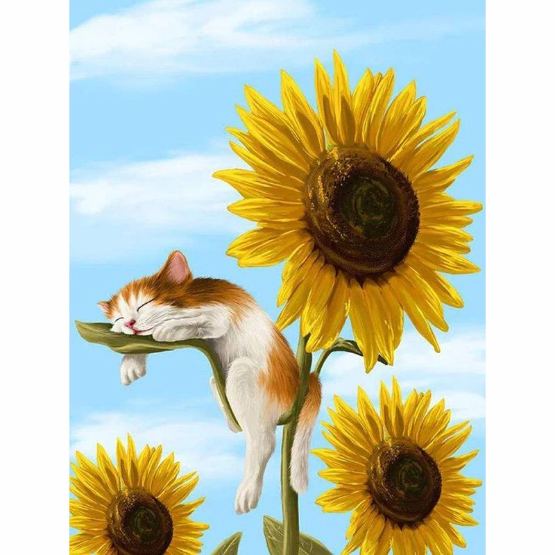 Cross-Stitch Embroidery Set Sunflower and Lazy Cat Picture 45x60cm Home Decoration Precision Printing Diy Needlework