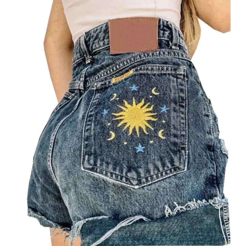 

High Waist Jean Shorts Women Summer Fashion Sun Star Pattern Women's Denim Shorts Female Shorts w131