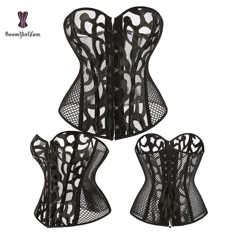 

Transparent Sexy Black Corset Plus Size 6XL Corsets Overbust Fish Bone Bustier Hollow Out Corselet Front Clasp Closure Korset