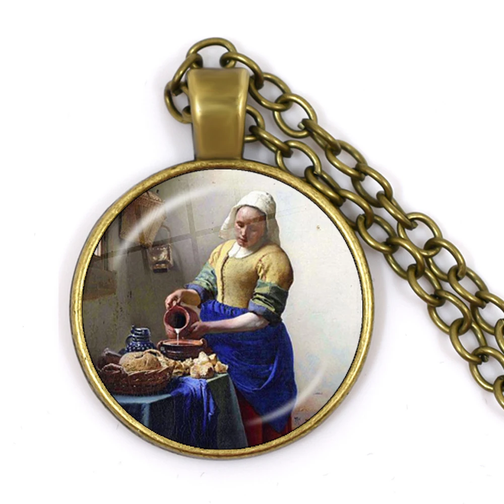 Girl Wearing Pearl Johannes Vermeer Art Pendant Glass Cabochon Necklace Fashion Chain Necklaces Jewelry for Women Mens