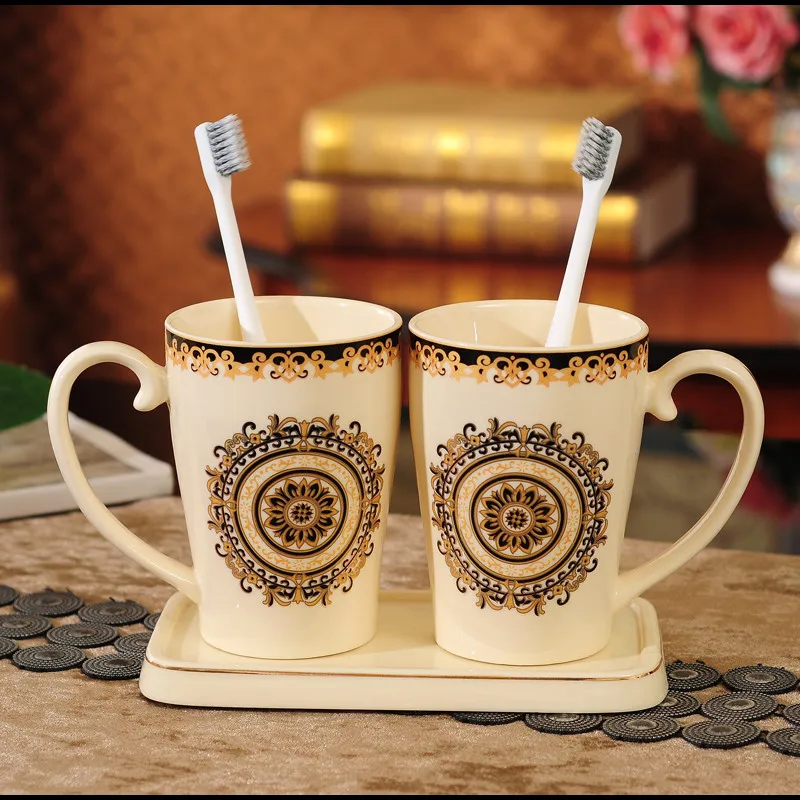 

Bathroom Accessories Set Ceramic Toothbrush Holder Gargle Cup With Tray European Style 3 Pieces Set Wedding Gifts Free Shipping