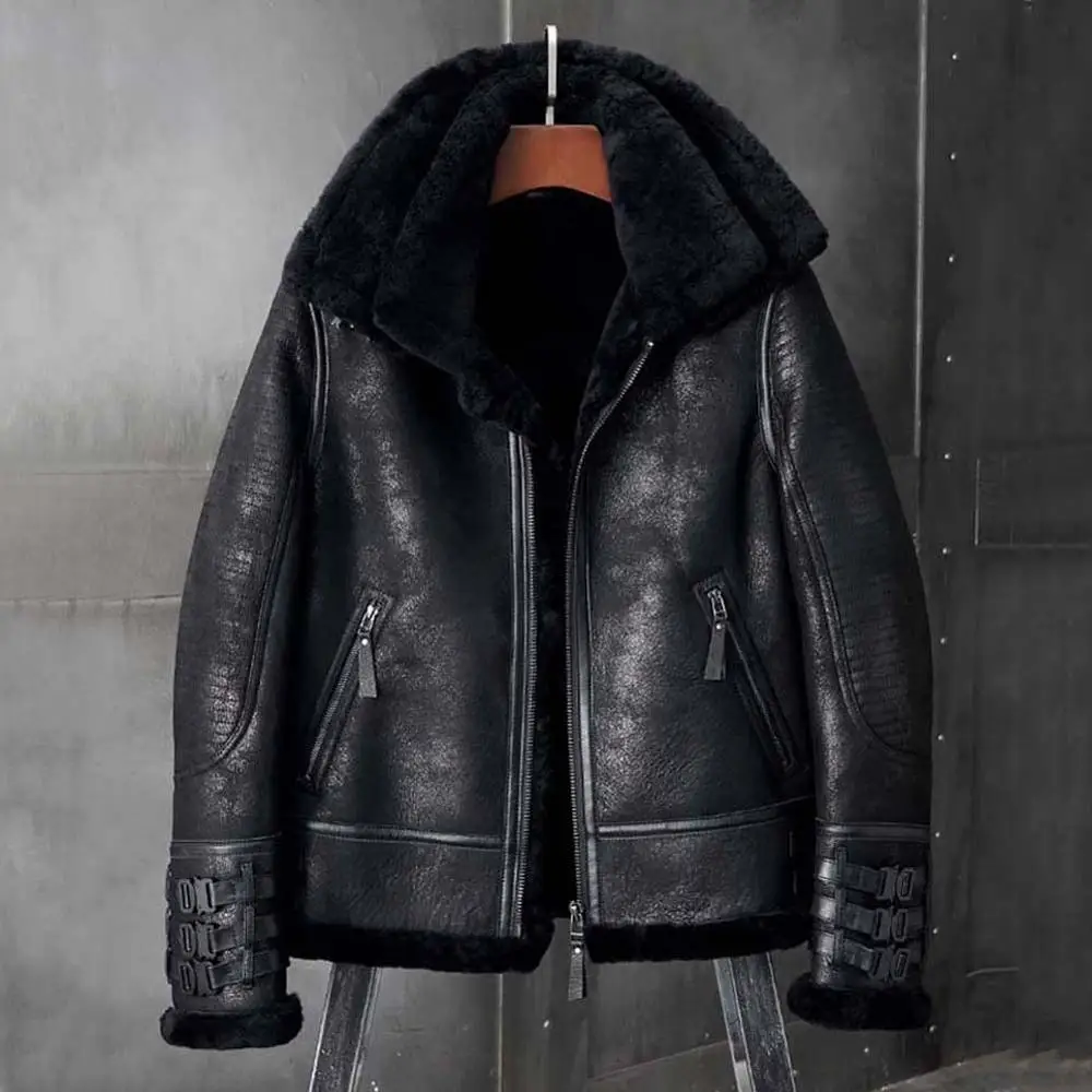 New Shearling Coat Mens B3 Bomber Jacket Short Fur Coat Black Leather Jacket Motorcycle Jacket Natural Sheepskin Coat