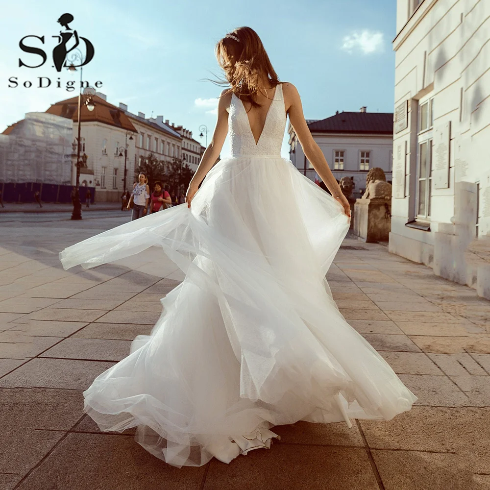 SoDigne-vestidos de novia de corte en A, sencillos, de encaje, con cuello en V, de tul, estilo bohemio, hecho a medida