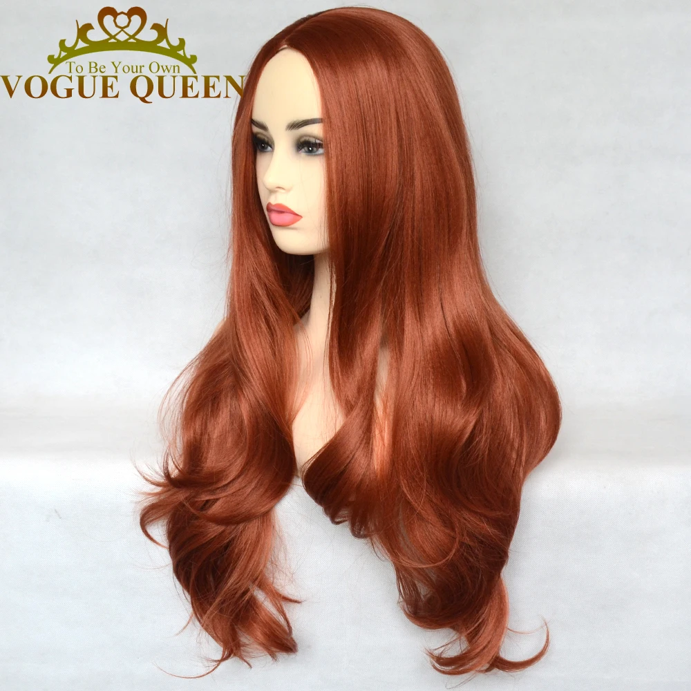 Vogue Queen Copper Red Synthetic Long Wig Full Machine Made Wig Natural Wave Heat Resistant Fiber For Women