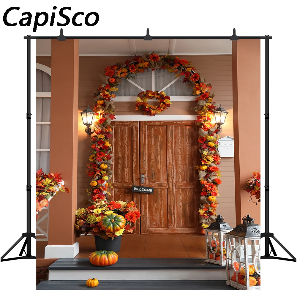 

Capisco Thanksgiving photography backdrop Autumn maple leaf pumpkin wooden door wreath photocall photobooth background studio