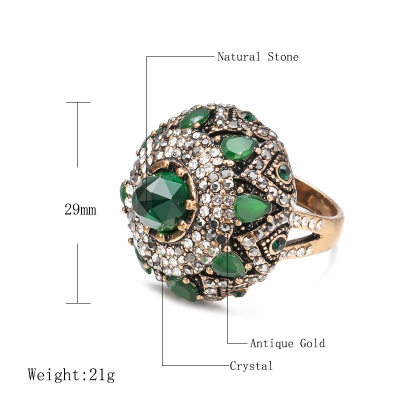 2020 New Luxury Green Natural Stone Wedding Rings For Women Vintage Gold Color Crystal Flower Crown Ring Boho Ethnic Jewelry