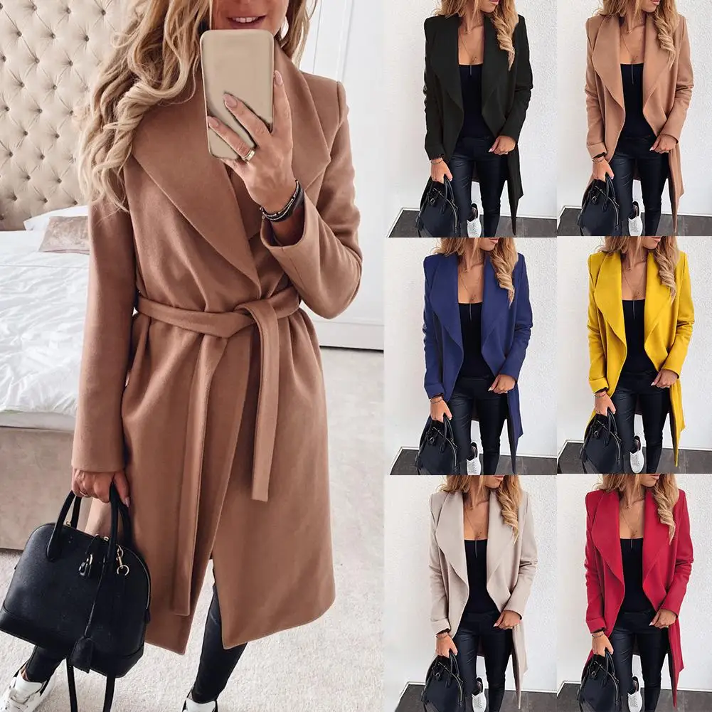 Autumn Winter Women\'s Coat  Solid Color Long Sleeve Lapel Woolen Cardigan Warm Midi Trench Coat Single-Breasted Women\'s Jacket