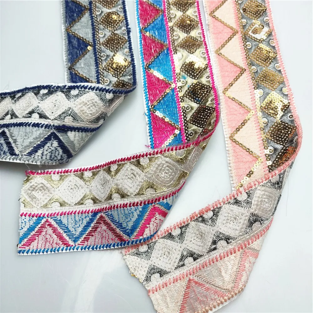 GAFABRIC 5cm Wide Ethnic Gold Sequins Webbing Ribbons Clothing Decorative Embroidered Lace Trims DIY Sewing Accessories