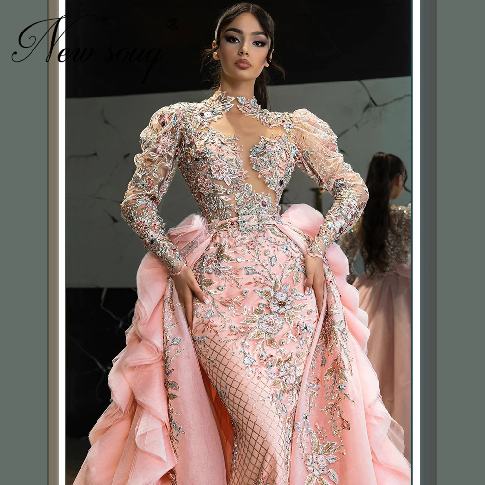 Completo feito à mão beading vestidos de baile rosa applique cristais vestidos noite árabe saudita manga longa evening wear 2021