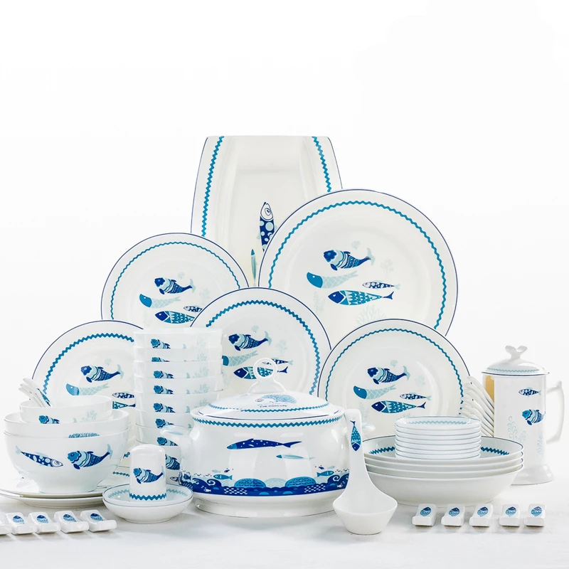 48piece set, bone china fish deisgn dinnerware set, porcelain kitchen chafing dish buffet, ceramic dinner plate tableware, serve