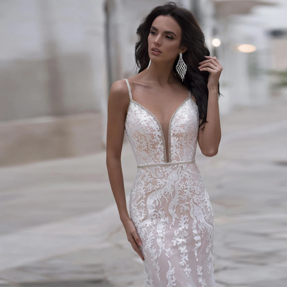 Ivory V Neck Floor Length Wedding Dresses for Ladies 2022 New Spring/Summer Dress Lace Sleeveless Bridal Gowns   Robe De Mariée