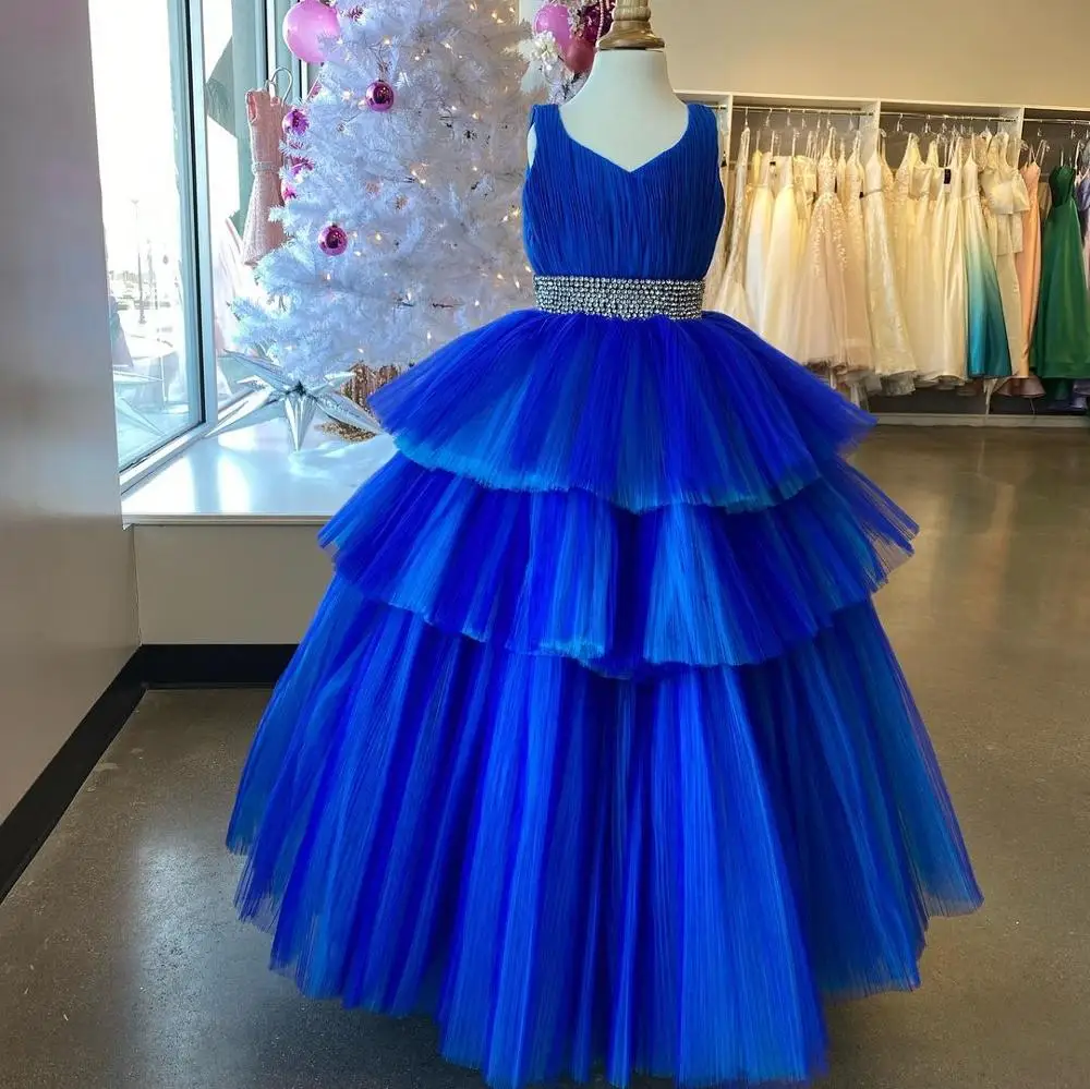 Vestido largo sin mangas con volantes para niña, vestido de desfile para niña pequeña, niño pequeño, adolescente, en la cintura con abalorios, color azul y rosa, 2021