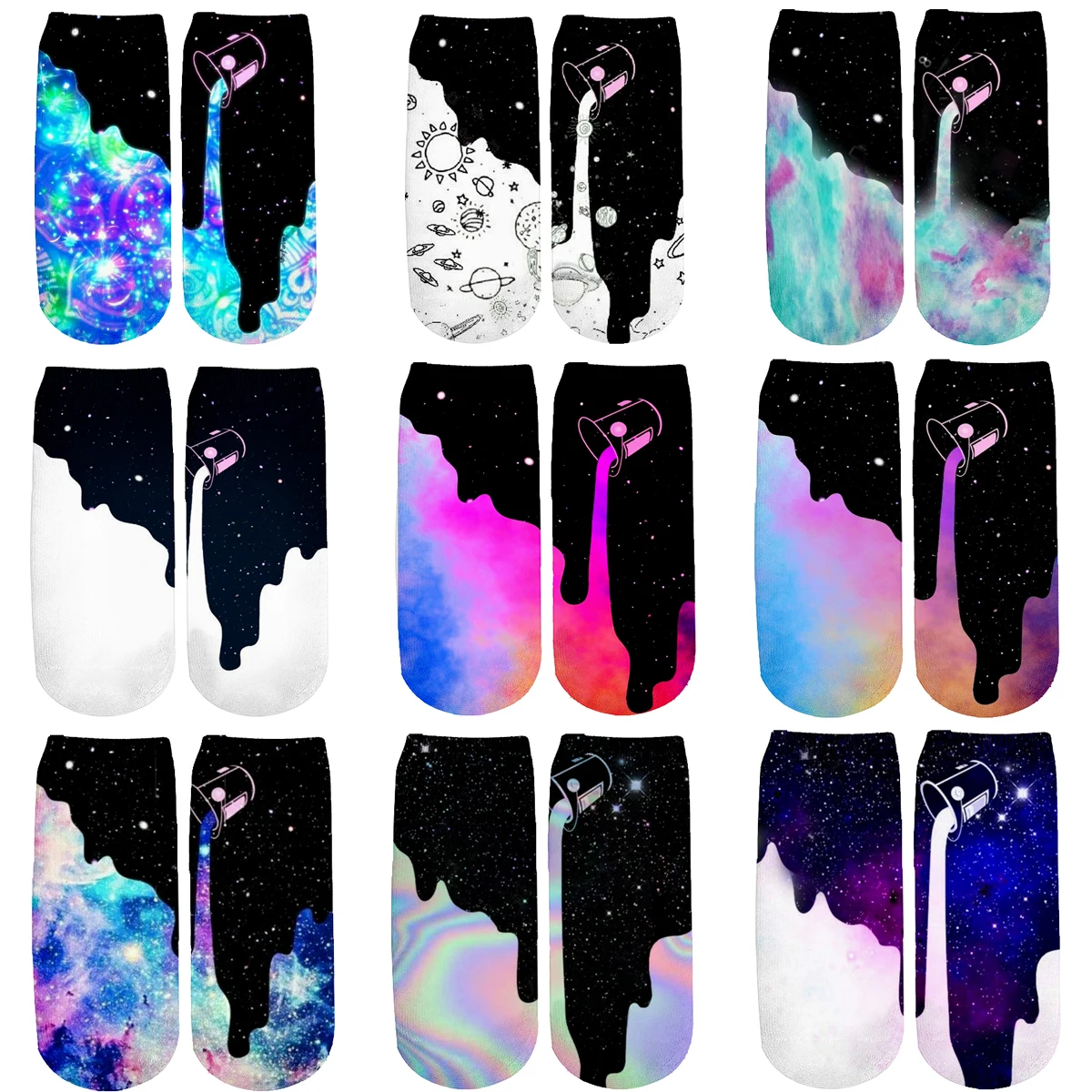 

2021 New Brand socks Space Pouring Milk 3D All Over Printed Cute cotton short ankle socks for women ladies Casual Short socks