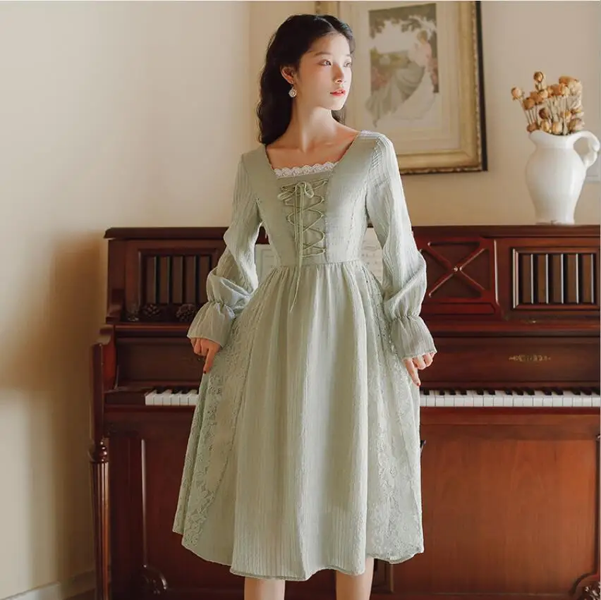 Spring new French literary lace gentle style long Square Collar dress Women 50S 60S Vintage Elegant Midi Dress