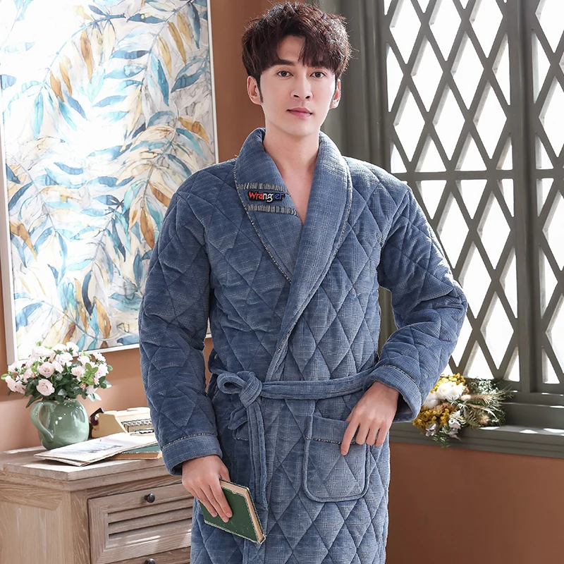 Men's Winter Warm Robes Thick Lengthened Flannel Quilted Shawl Bathrobe Kimono Home Clothes Long Sleeve Robe Coat peignoir homme