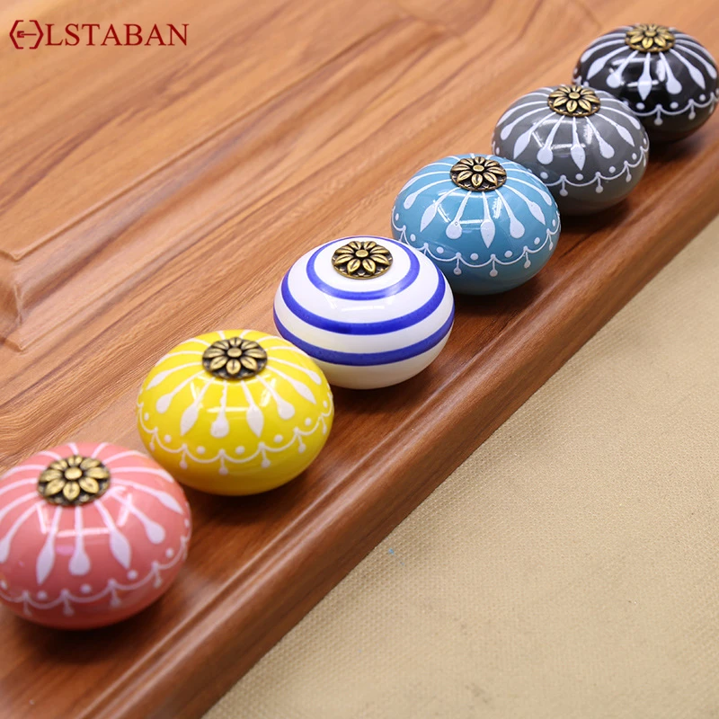 Single Hole Round Ceramic Hand-painted Art Handle European-style Modern Minimalist Drawer Handle Cabinet Wardrobe Door Handle