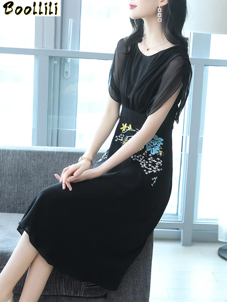 

100% Silk Boollili Summer Dress Women Vintage Elegant Sexy Midi Dress 2023 Ladies Dresses Party Black Women Dress Vestidos