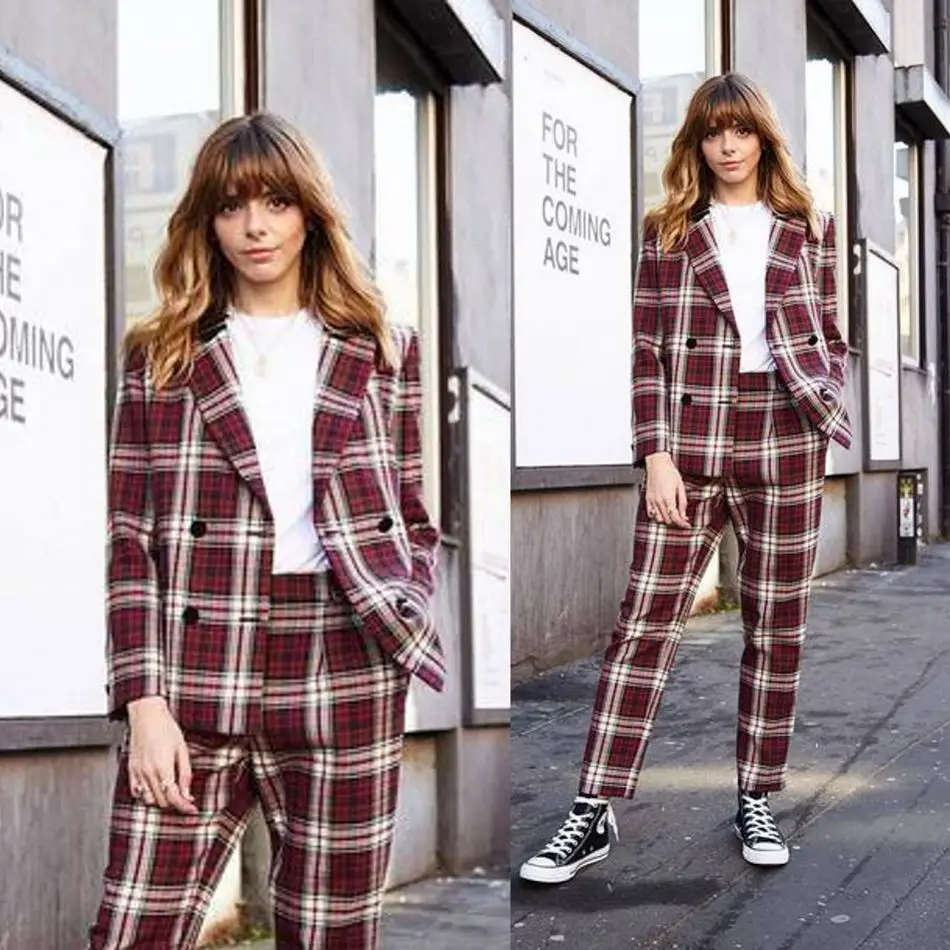 

England Stlye Plaid Suits 2 Pieces Peaked Lapel Red Blazer Custom Made Young Girl School Sweet Daily Casual Check Jacket