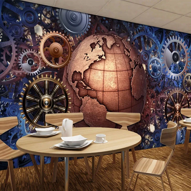 Custom Mural Wallpaper 3D Stereo Mechanical Gear Earth Restaurant Bar KTV Background Wall Painting Home Decor Fresco 3D Stickers