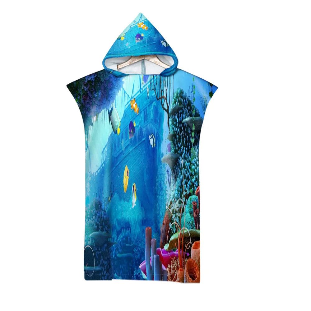 Undersea Pattern Microfiber Quick Dry Beach Towel Parent-Child Hooded Cloak Surfing/Diving/Swimming Changing Poncho Bathrobe