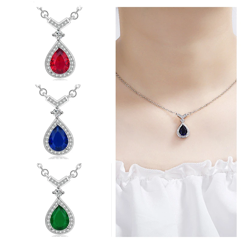 Trendy Blue Crystal Water Drop Pendant Women Necklaces Lady Silver 925 Chain Clavicle Girls Choker Necklace Female Accessories