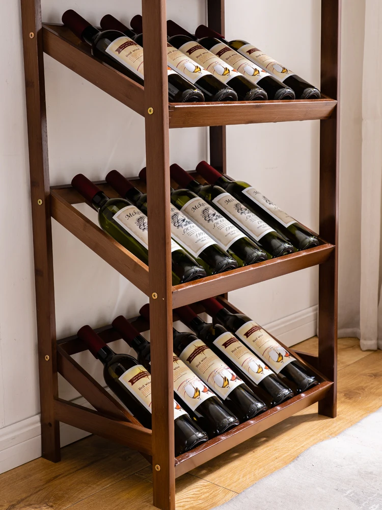 Estante para vino de 3 capas, 53x33x78cm, soporte para vino de bambú de calidad para sala de estar, estante para vino para restaurante, portavasos de acero inoxidable opcional