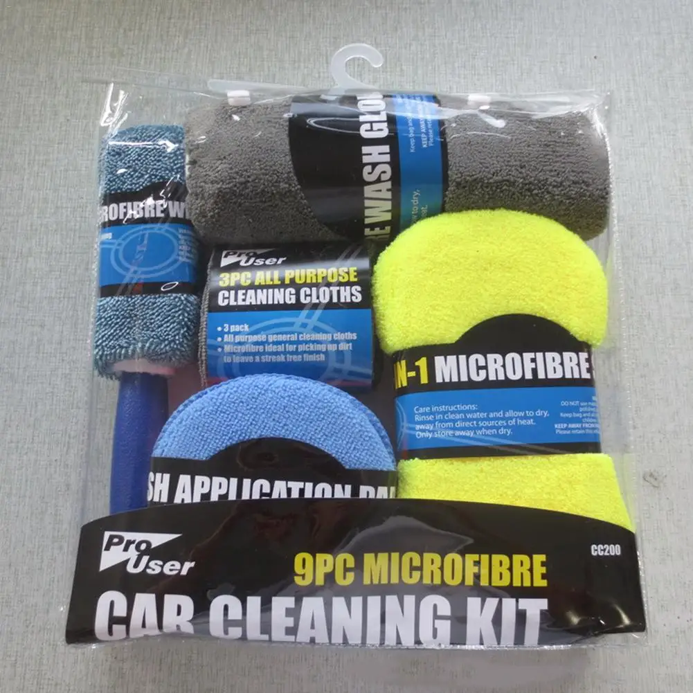 

9Pcs Microfiber Car Wash Cleaning Kit Include Microfiber Towels Applicator Pads Wash Sponge Wash Glove Wheel Brush