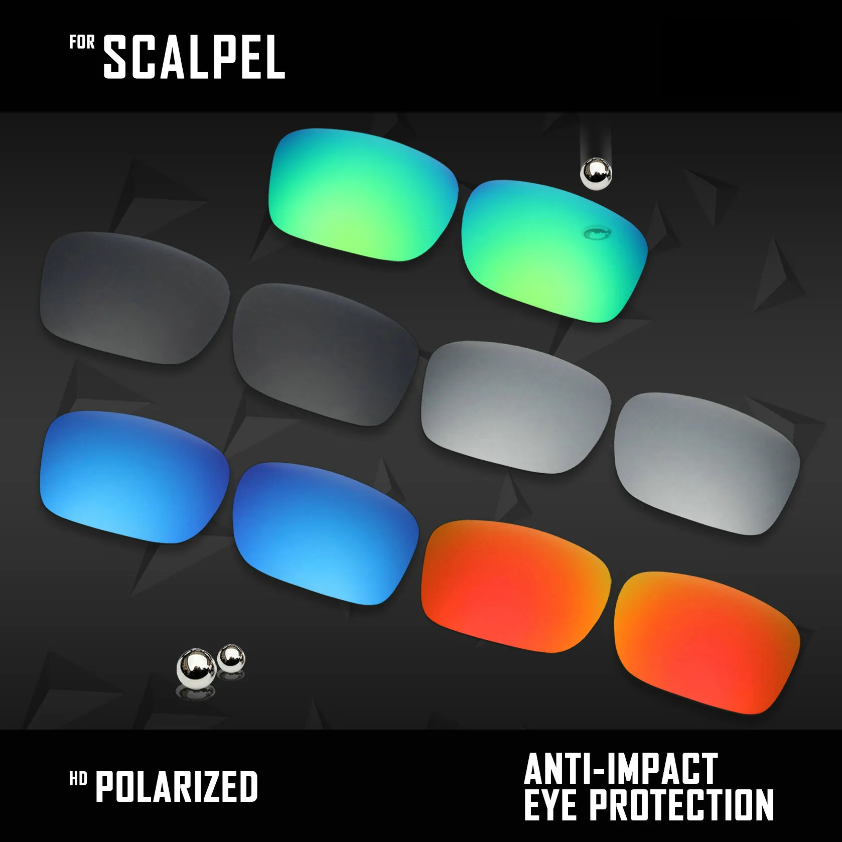 

OOWLIT 5 Pairs Polarized Sunglasses Replacement Lenses for Oakley Scalpel OO9095-Black & Silver & Ice Blue &Red & Emerald Green