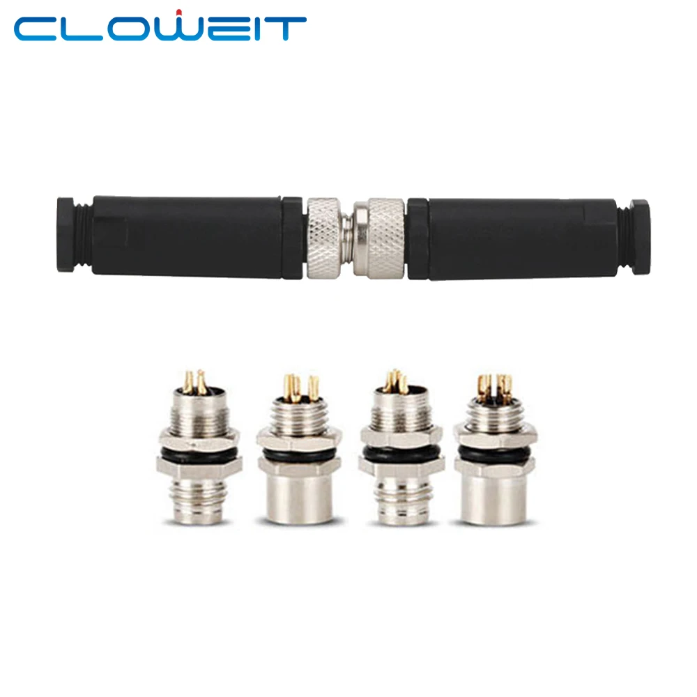 Cloweit M8 Sensor Connector Waterproof Male&Female Plug Straight Angle Screw Threaded Coupling 3pin 4p Panel Mount Flange Socket