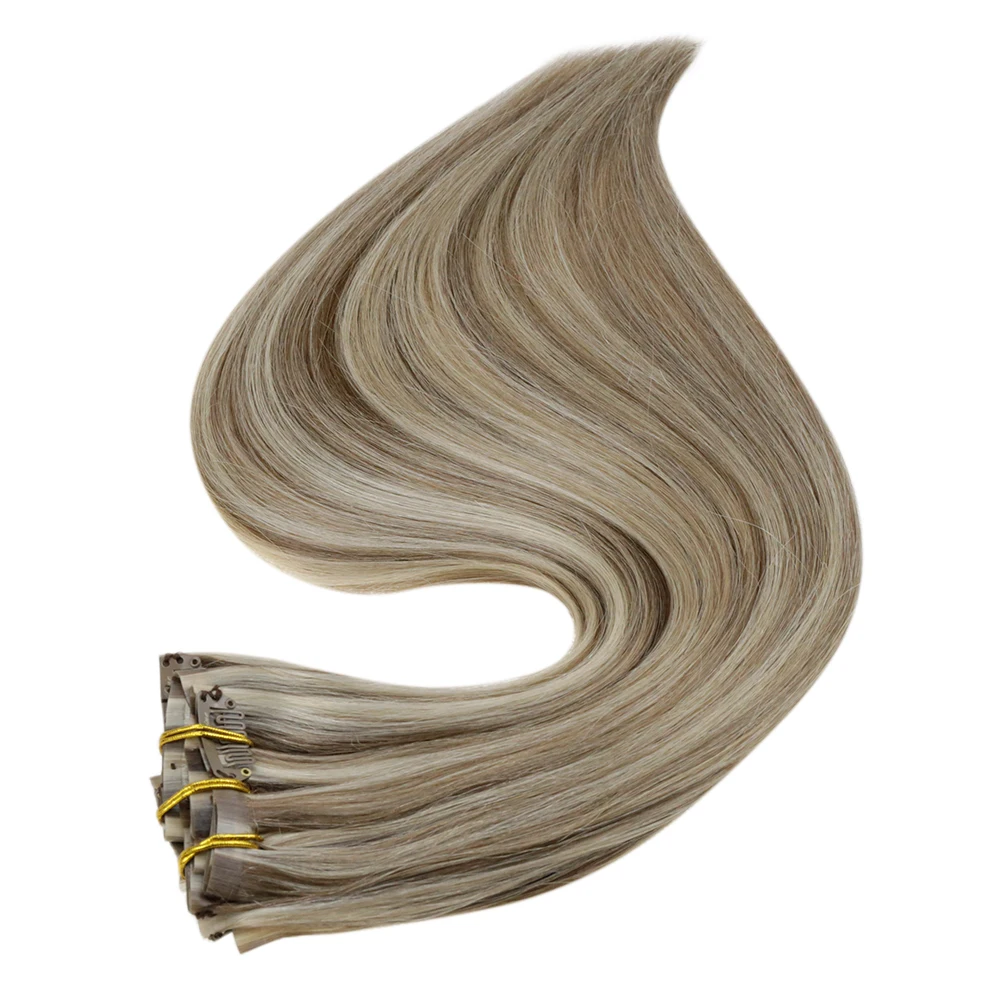 Volledige Glans Clip in Hair Extensions Echt haar 120g Naadloze Onzichtbare Clip In Extensions Echt haar Remy Balayage Blonde Kleur - afbeelding 2