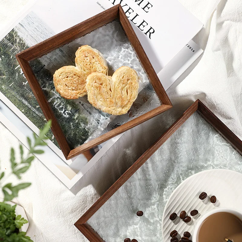 Solid Wood Glass Tray Retro Begonia Flower Desktop Ornaments Arrangement Aromatherapy Gourmet Fruit Coffee Cup Storage Tea Tray