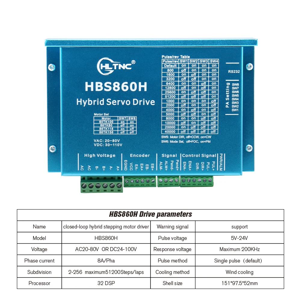 1 pcs HBS860H/HBS86H Hybrid servo drive AC 20-80V DC 30-110V  SW1-SW8 RS232 for Nema34 close loop servo motor