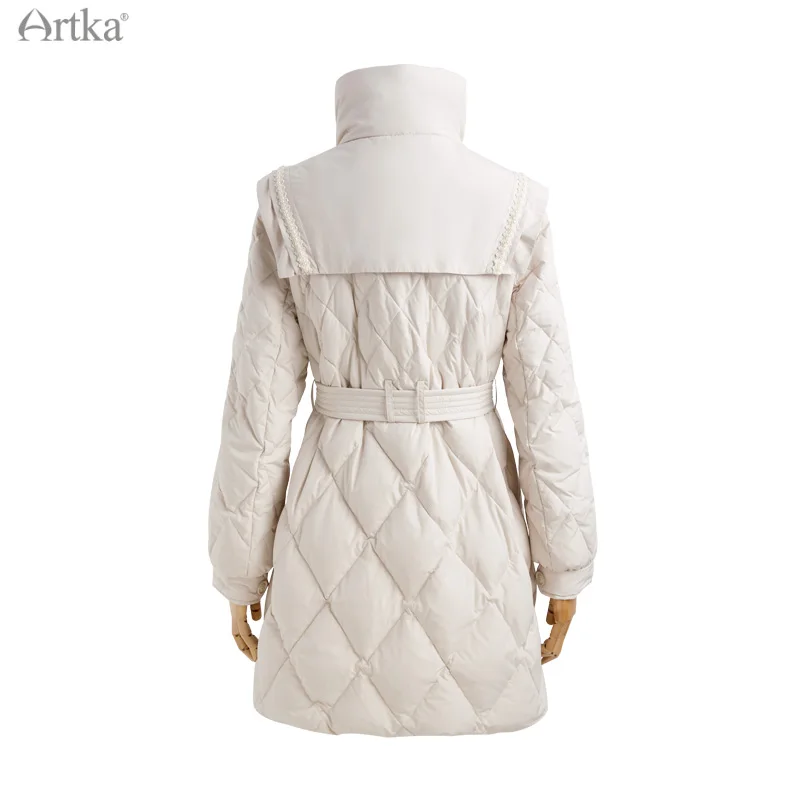 ARTKA 2021 Winter New Women Down Jacket Elegant Stand Collar 90% White Duck Down Coat Midi Warm Down Jacket With Belt ZK25012D