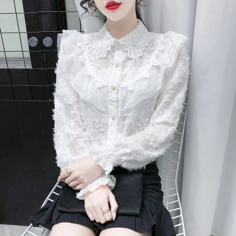 

Autumn Spring Wedding Shirts Women Blouse Elegant Vintage Lace Palace Style French Office Shirts Long Sleeve Lolita Gothic Shirt