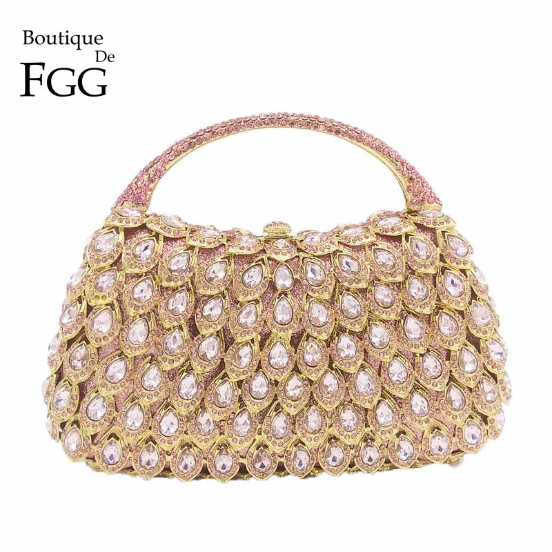 

Boutique De FGG Pink Crystal Rhinestone Clutch Handbag Women Metal Minaudiere Top Handle Tote Purse Wedding Party Evening Bag