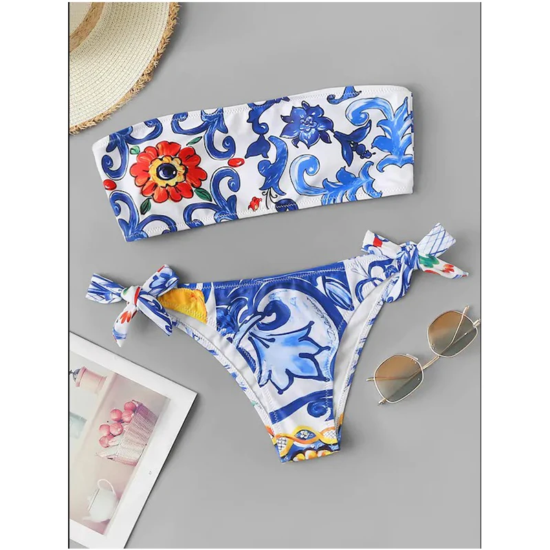 New Print Ethnic Style Tube Top Bikini European And American Swimwear Ladies Swimwear Beachwear 2024