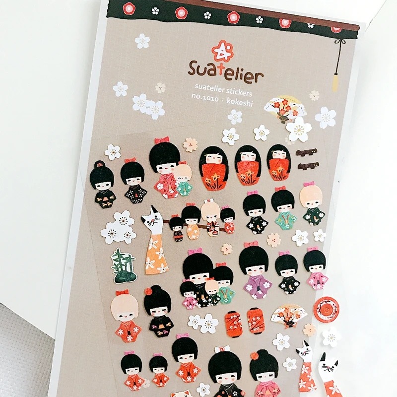 Japoński Kawaii lalki dziewczyny Kokeshi naklejki Die Cut pamiętnik piśmienne dekoracje Sonia papieru Hobby Craft śliczne Sakura naklejki