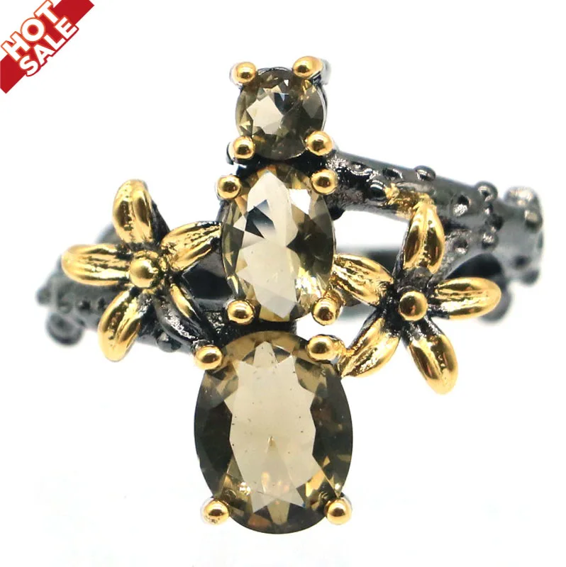 Buy 3 get 1 free 21x19mm Gothic Flowers Vintage Created Smokey Topaz for Girls Black Gold Color Gothic Unique Silver Rings