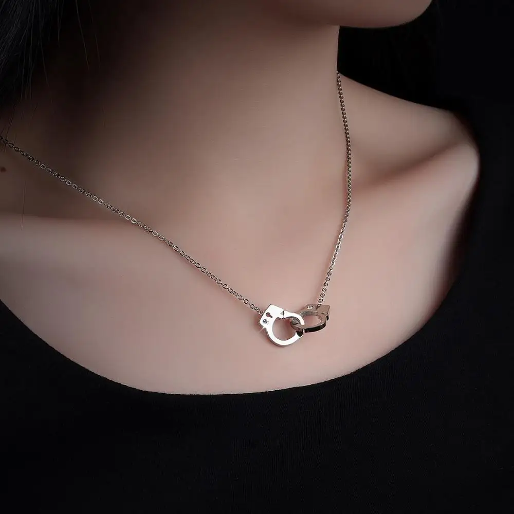 Stainless Steel Zirconia Handcuffs Pendant Necklace For Women Girl Fahion Jewelry