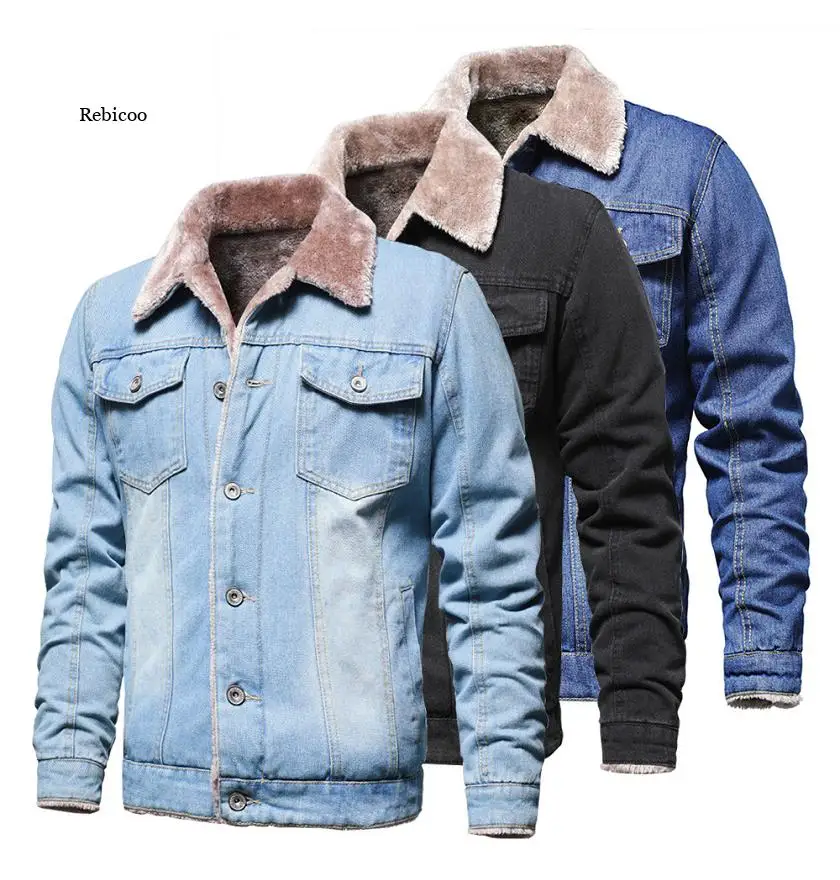 

Men's Autumn Winter Men Classic Thick Warm Fleece Denim Jacket Coat Men Outwear Outfits Vintage Motor Jeans Jacket Plus