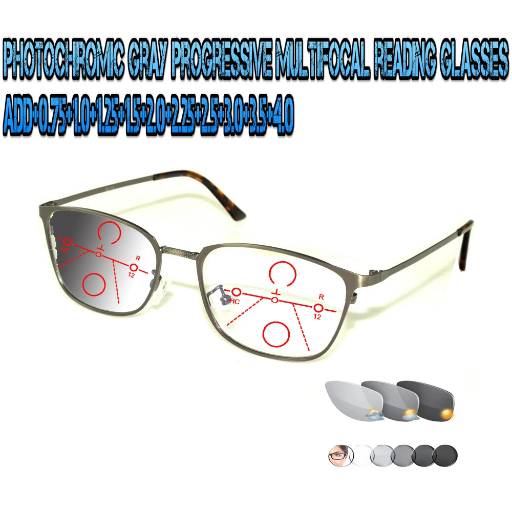 

Photochromic Gray Progressive Multifocal Reading Glasses Ultralight Squared Large Size Metal Frame Fashion +0.75 To +4.0