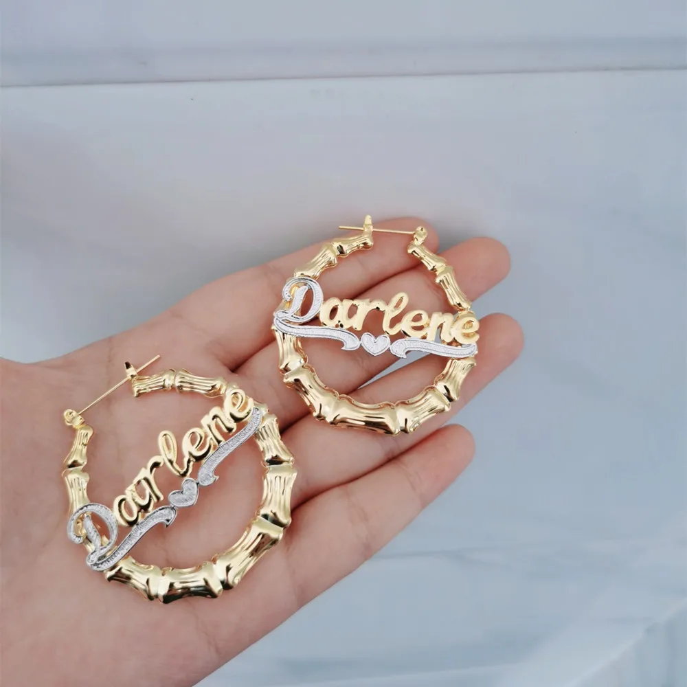 DUOYING Custom Name Earring Personlized Customized Nameplate Bamboo Hoop Earring Double Color Plated Earring Jewelry For Gift