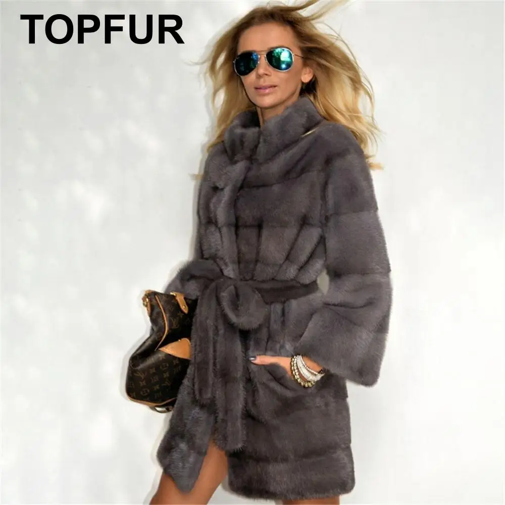 TOPFUR New Fashion Dark Grey Mink Coat With Fur Stand Collar Medium Slim Winter Real Fur Coat Women Plus Size Outwear coats